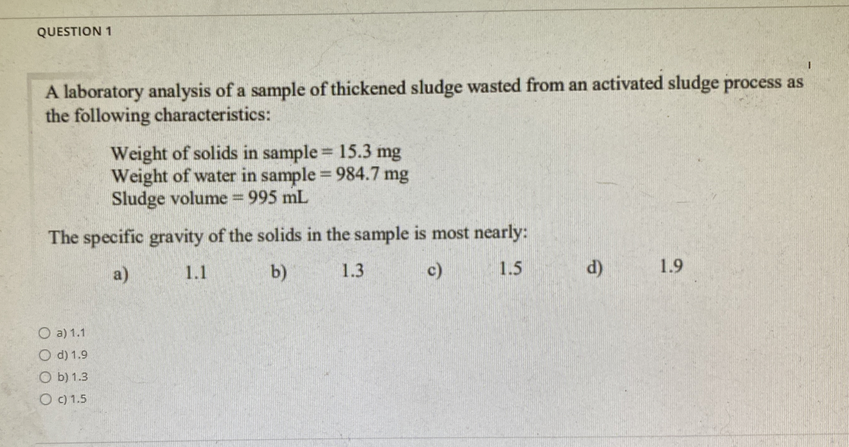 QUESTION 1 A laboratory analysis of a sample of