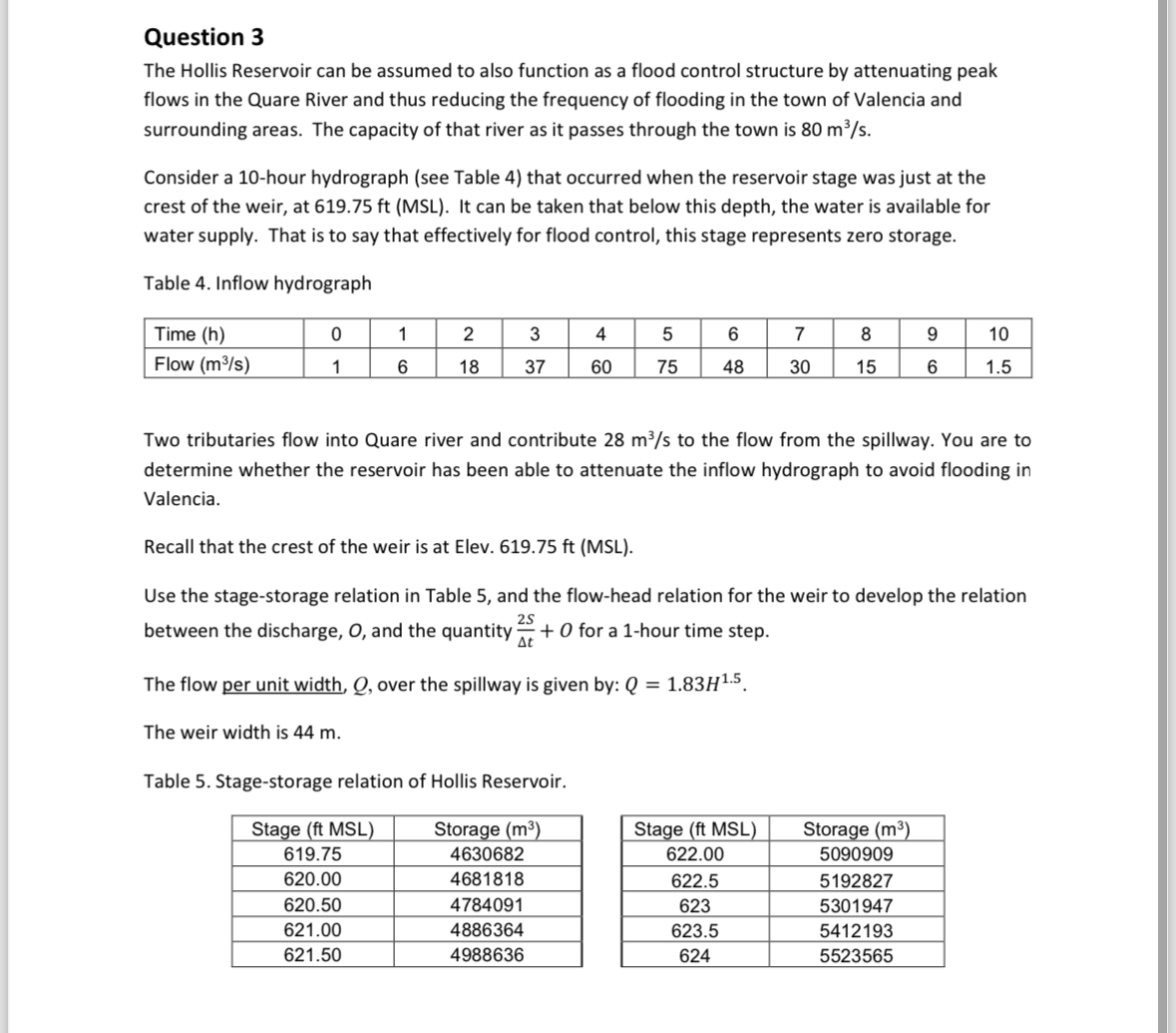 Question 3 The Hollis Reservoir can be assumed to