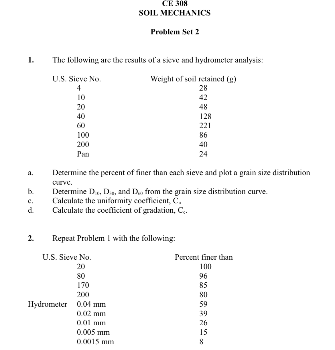 CE 3 0 8 SOIL MECHANICS Problem Set 2 The