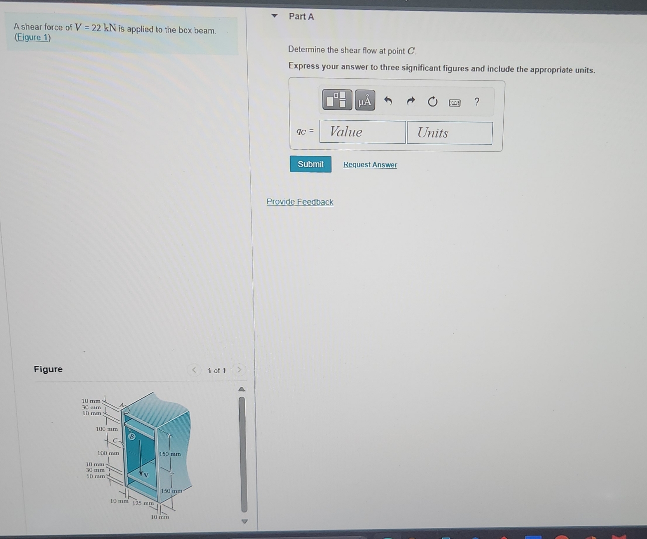 A shear force of V = 2 2 k N is applied to the