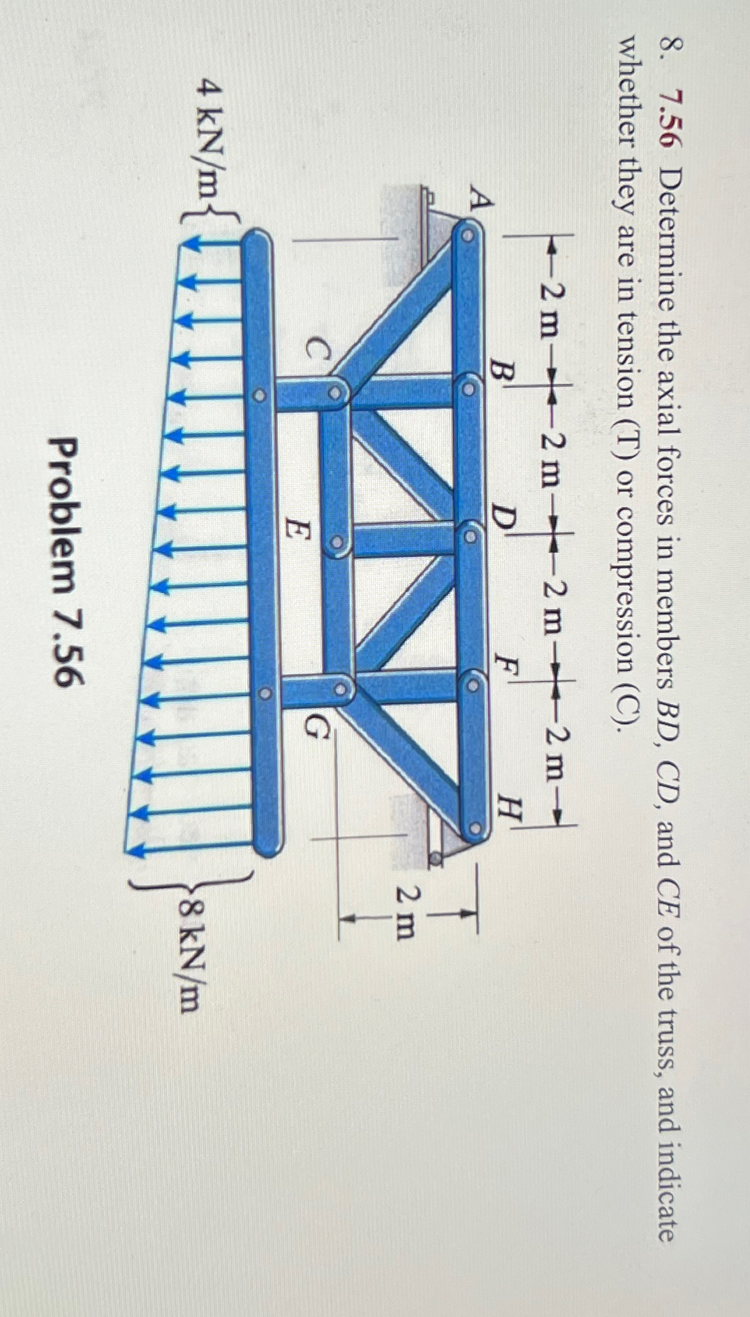 7 . 5 6 Determine the axial forces in members B D