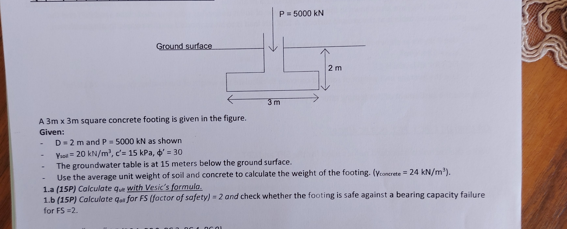 A 3 m 3 m square concrete footing is given in the