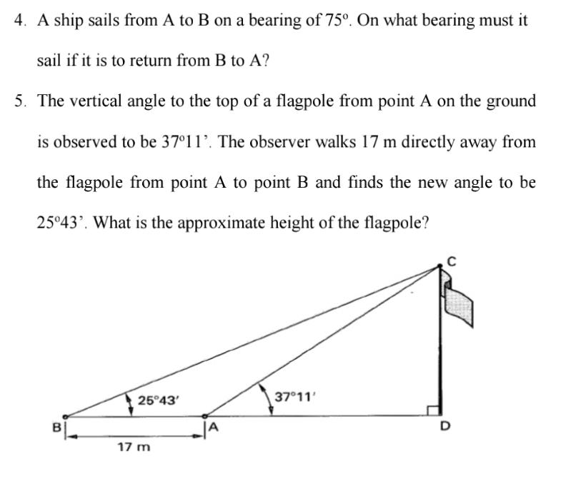 A ship sails from A to B on a bearing of 7 5 . On