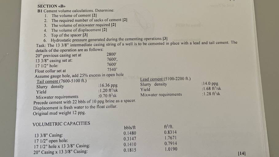 SECTION ( B ) B 1 Cement volume calculations.