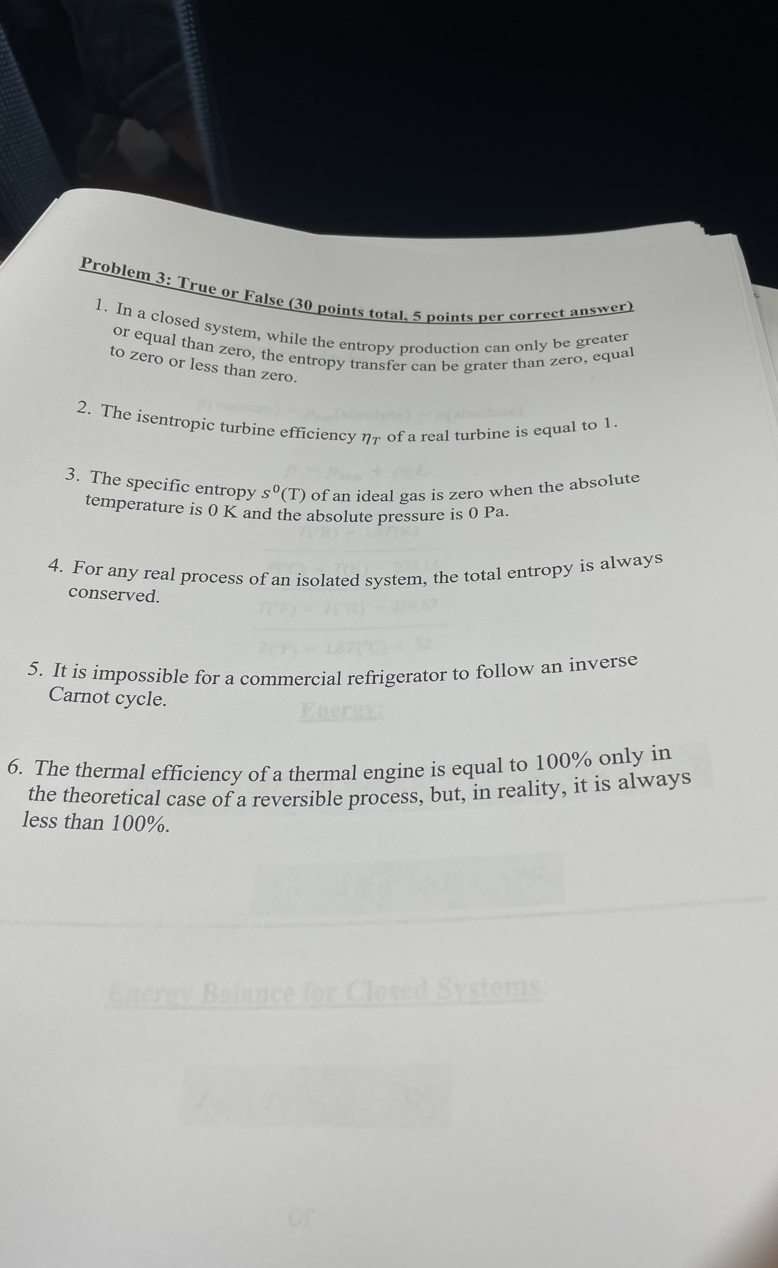Problem 3 : True or False ( 3 0 points total, 5