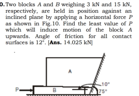0 . Two blocks A and B weighing 3 kN and 1 5 kN ,