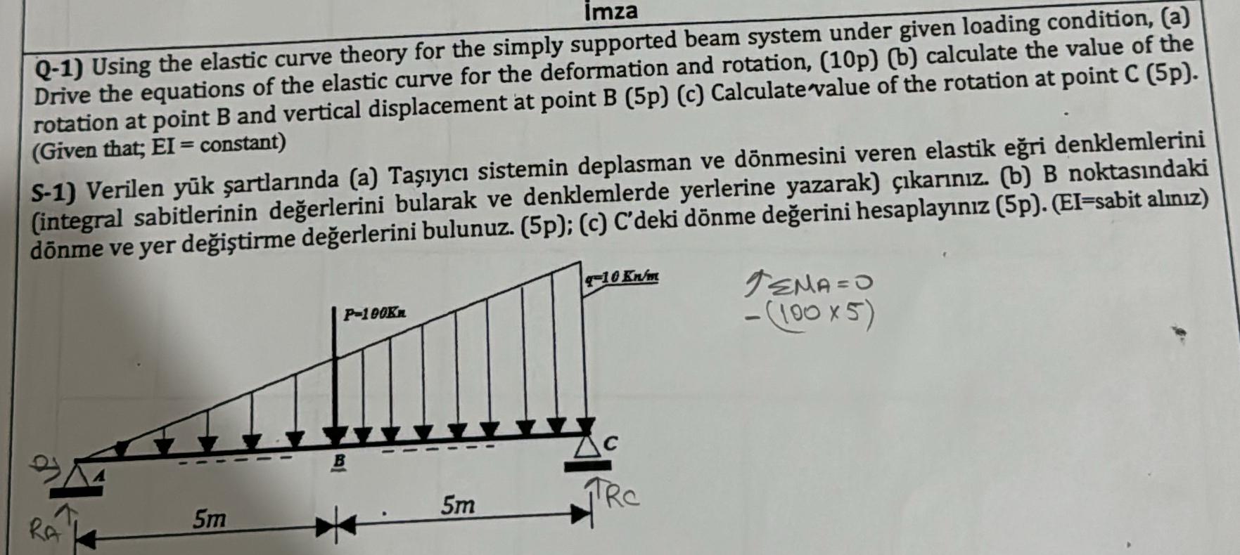Q - 1 ) Using tlastic curve theory for the simply