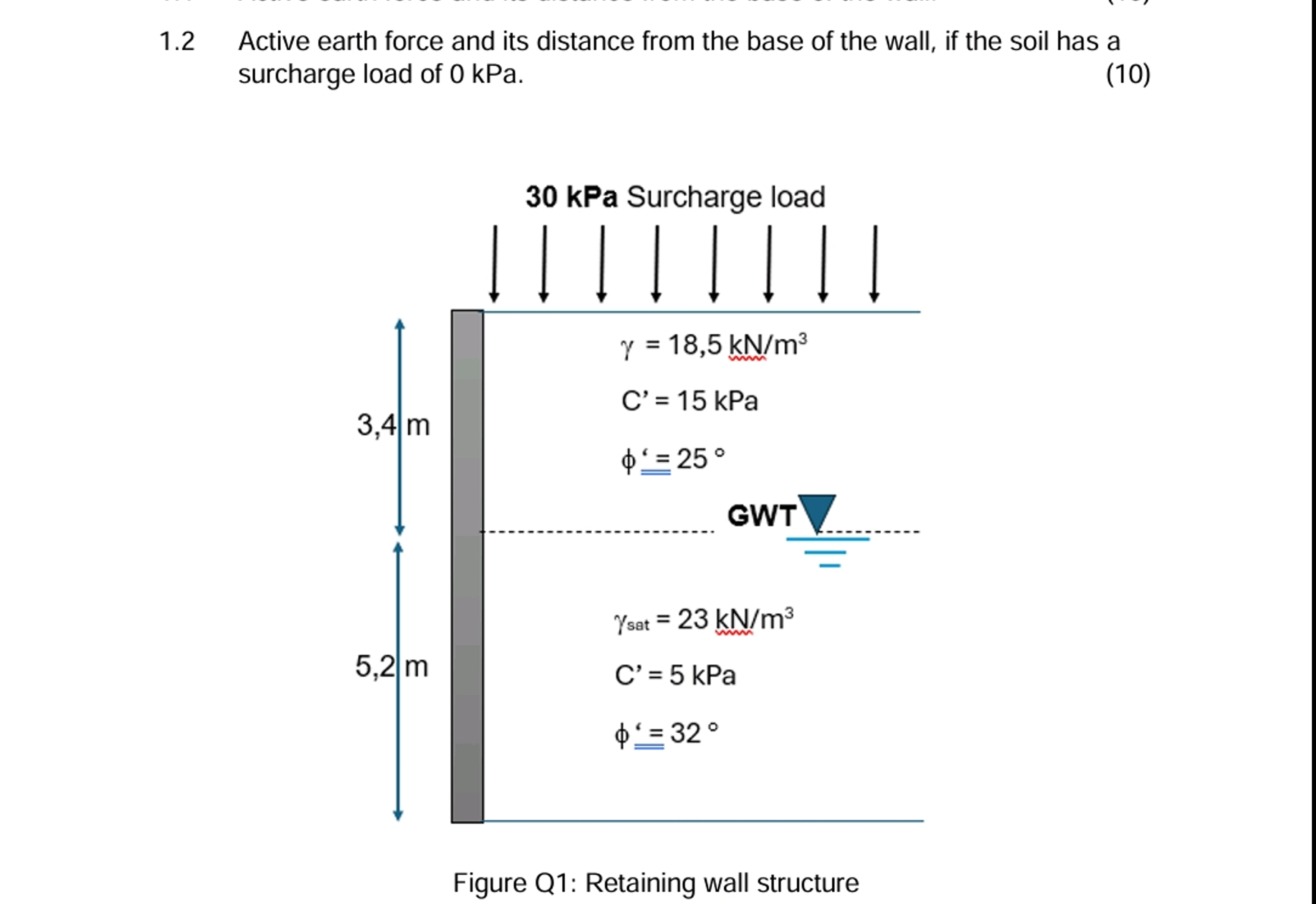 A retaining wall retains soil of 8 , 6 m