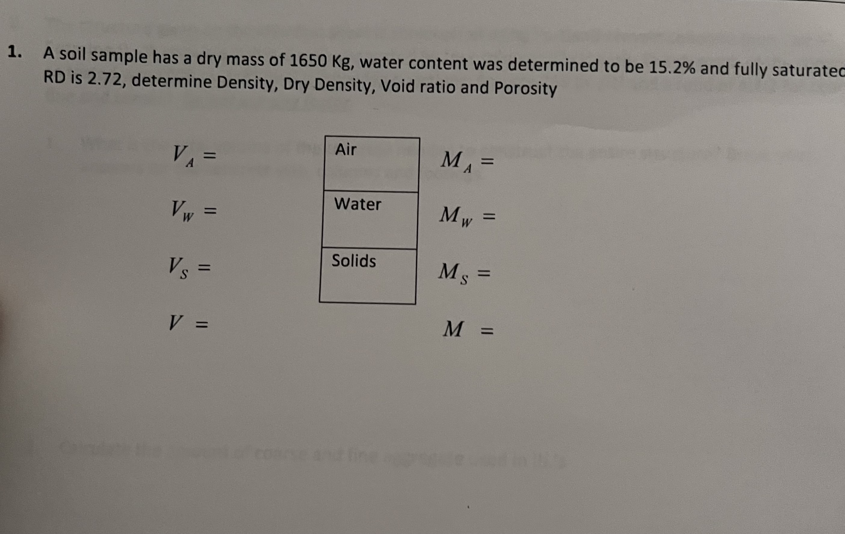 A soil sample has a dry mass of 1 6 5 0 K g ,