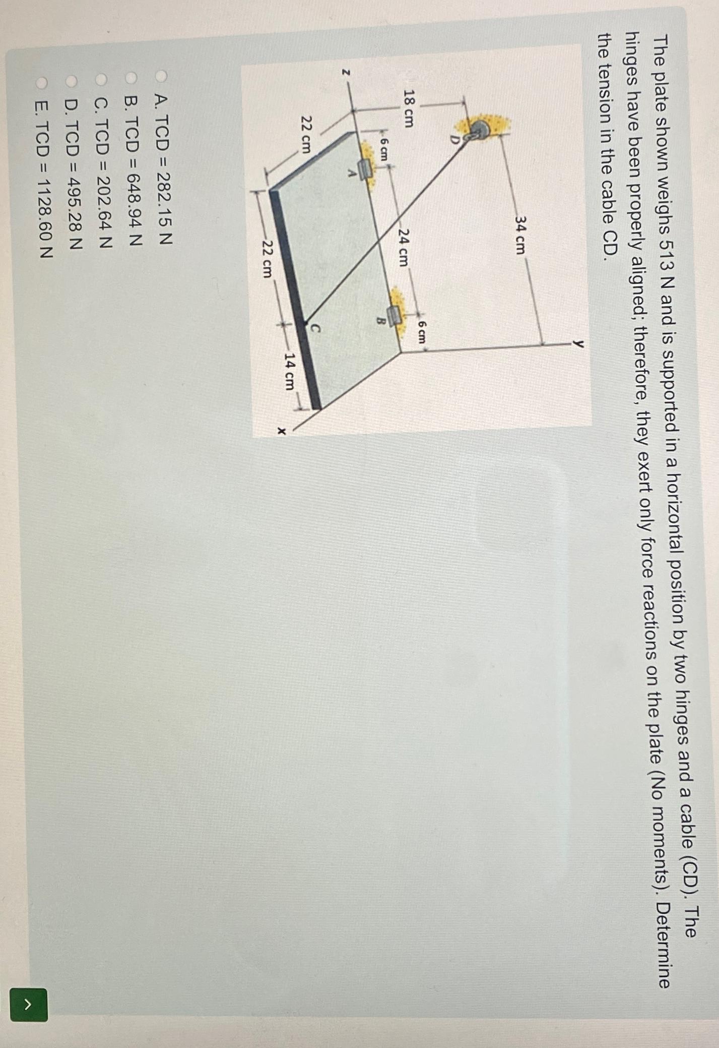 The plate shown weighs 5 1 3 N and is supported