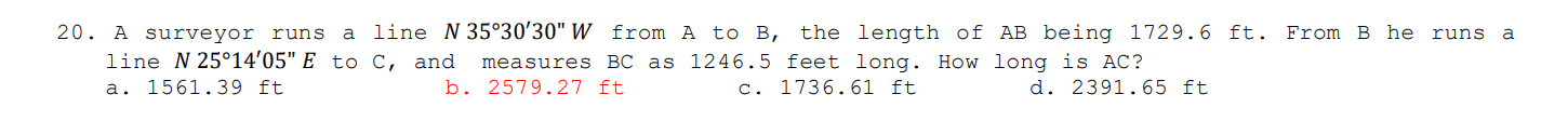 A surveyor runs a line N 3 3 0 ' 3 0 ' ' W from A