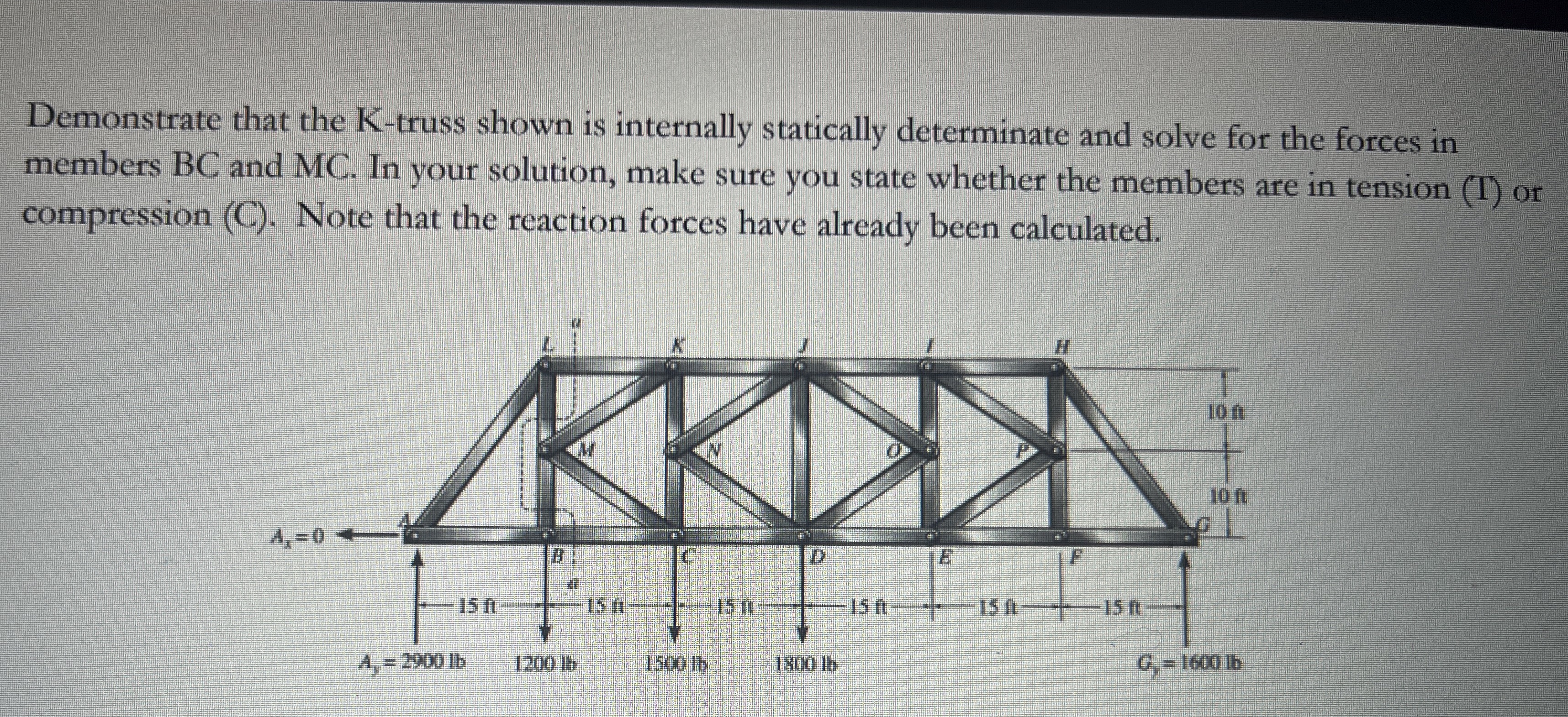Demonstrate that the K - truss shown is