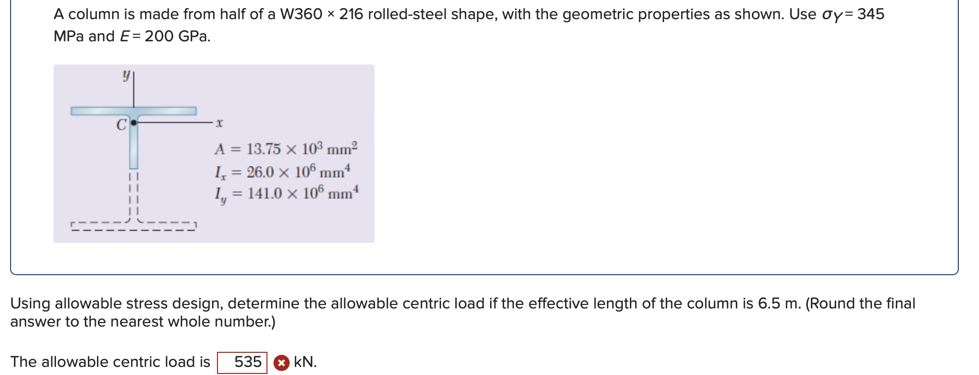 A column is made from half of a W 3 6 0 2 1 6