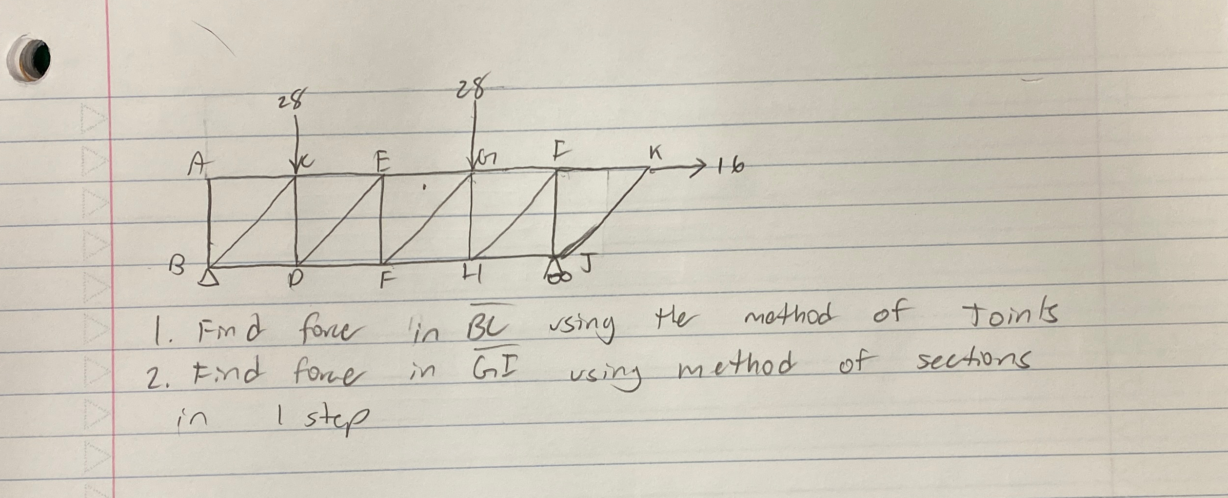 1 . ) Find force in BC using the mothod of Joints