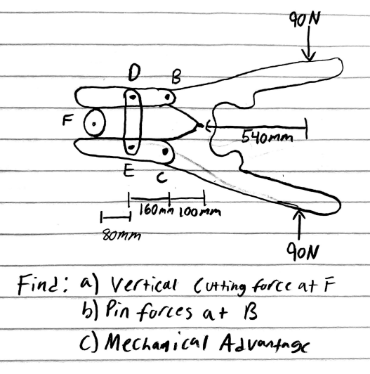 Find: a ) Vertical cutting force at F b ) Pin