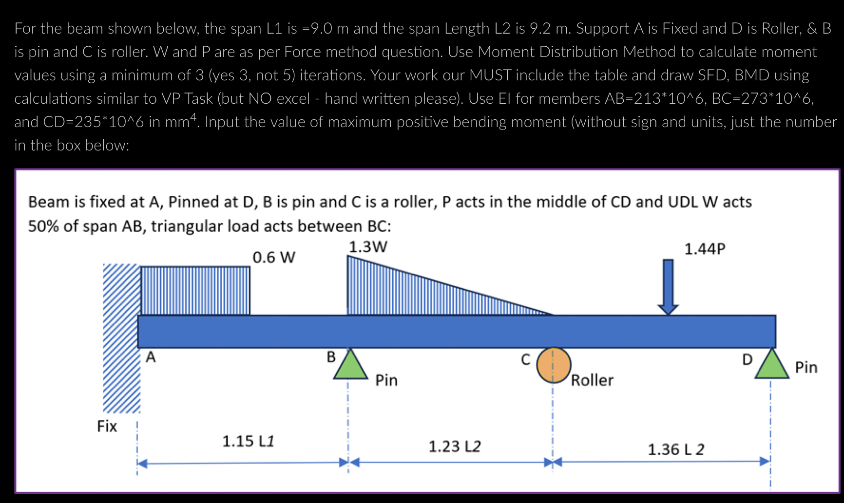 For the beam shown below, the span L 1 is = 9 . 0