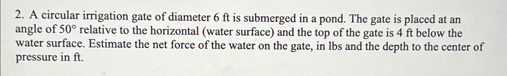 A circular irrigation gate of diameter 6 f t is