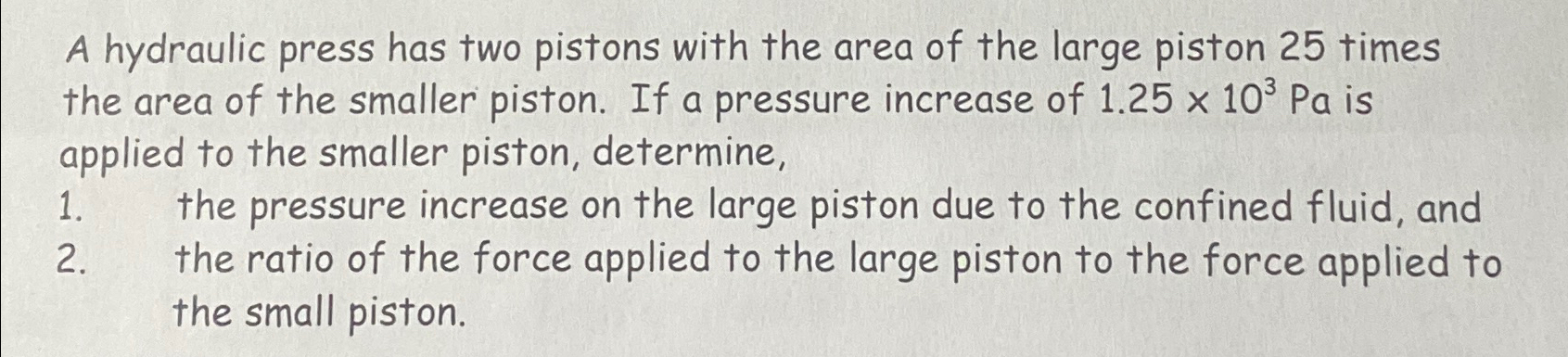 A hydraulic press has two pistons with the area