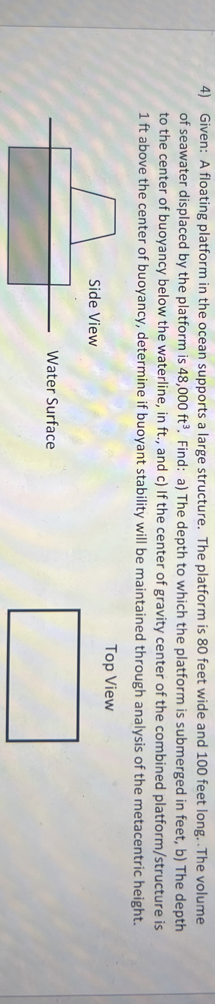 Given: A floating platform in the ocean supports