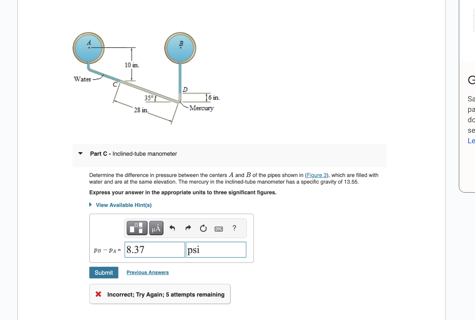 Part C - Inclined - tube manometer Determine the