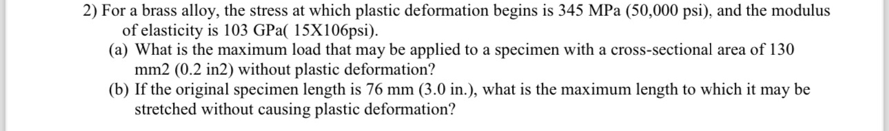 For a brass alloy, the stress at which plastic
