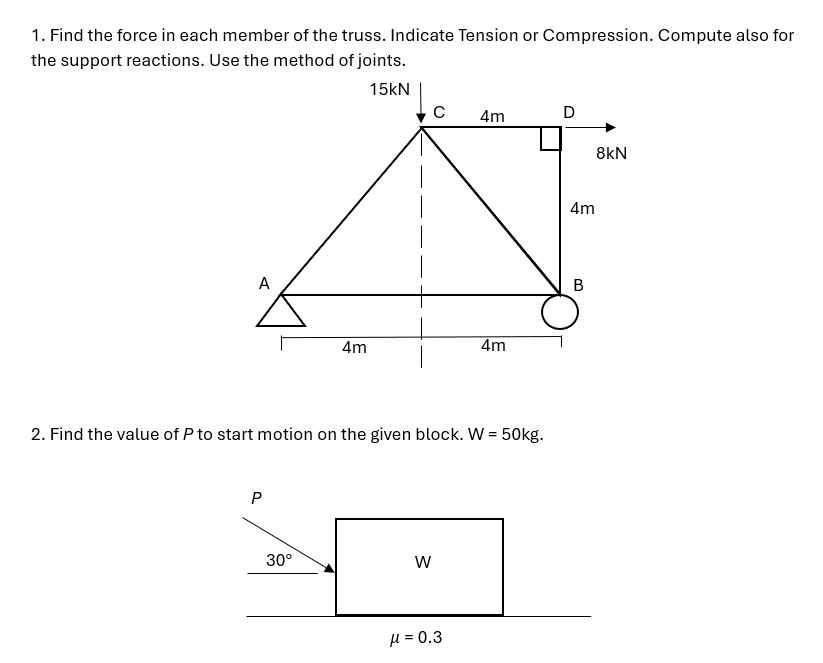 1 . Find the force in each member of the truss.