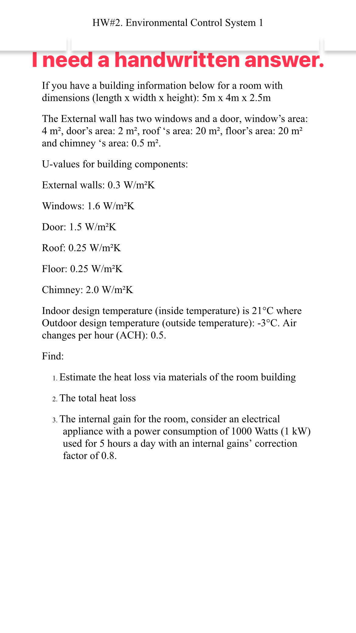 HW# 2 . Environmental Control System 1 I need a