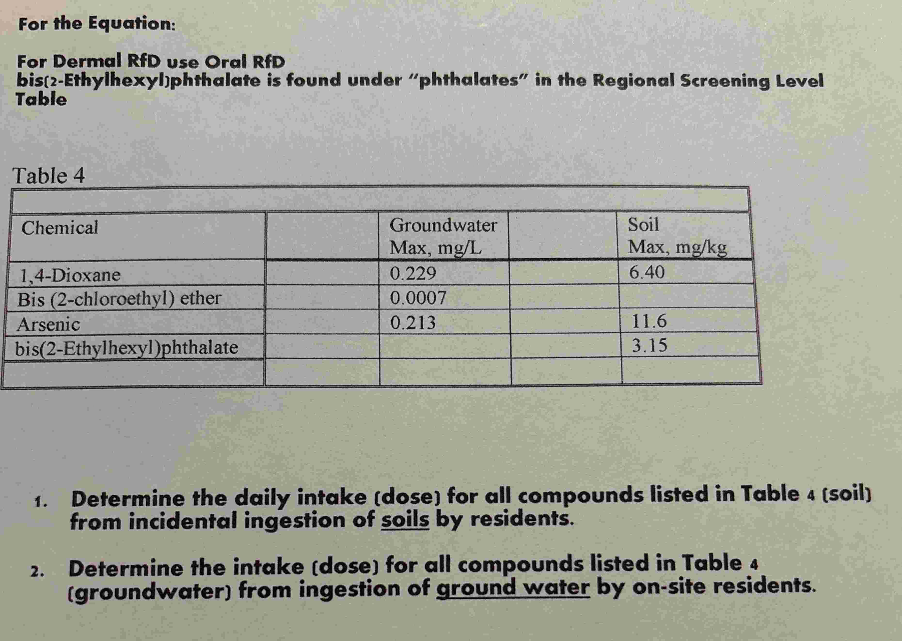 For the Equation: For Dermal RfD use Oral RfD bis