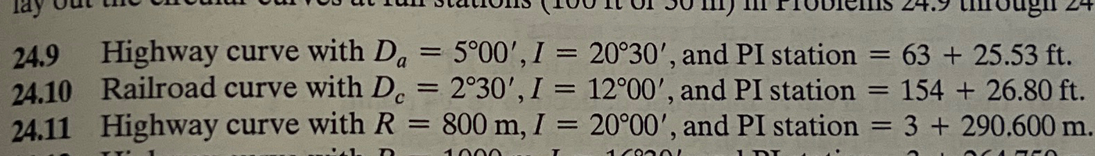 Highway curve with R = 8 0 0 m , I = 2 0 0 0 ' ,