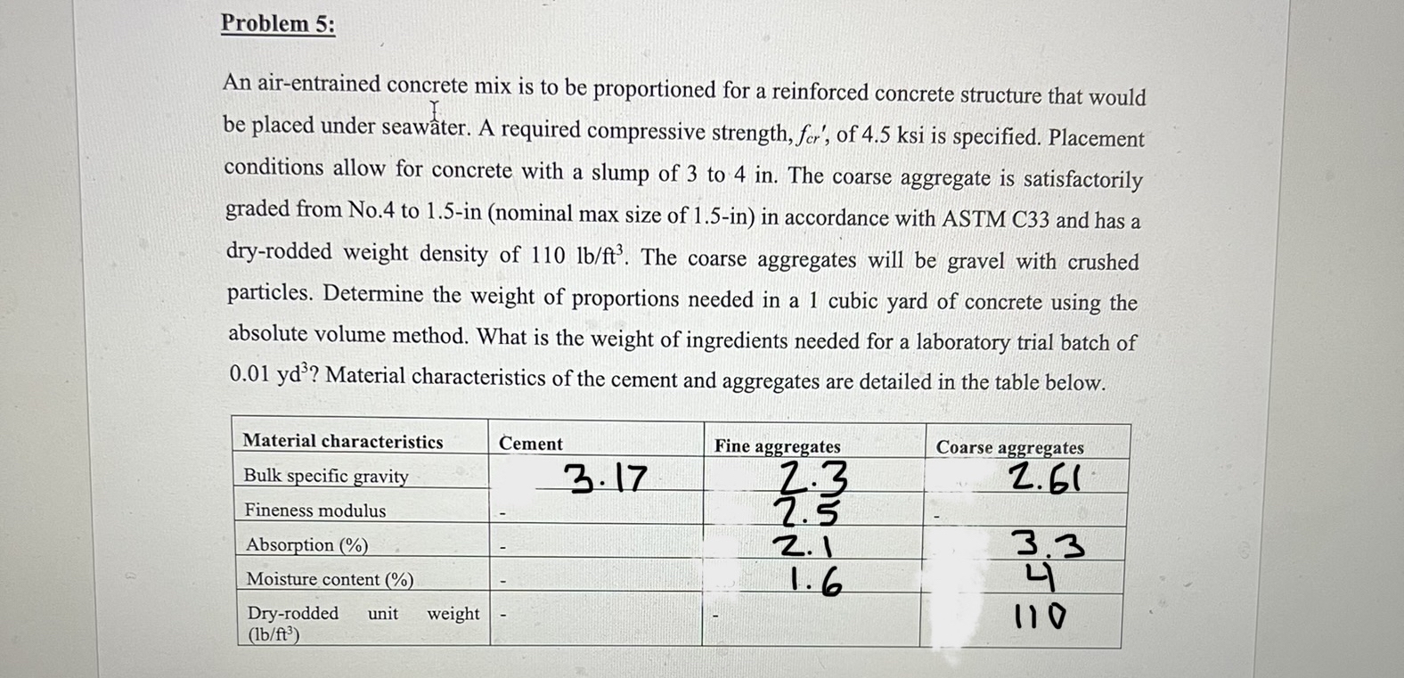 Problem 5 : An air - entrained concrete mix is to