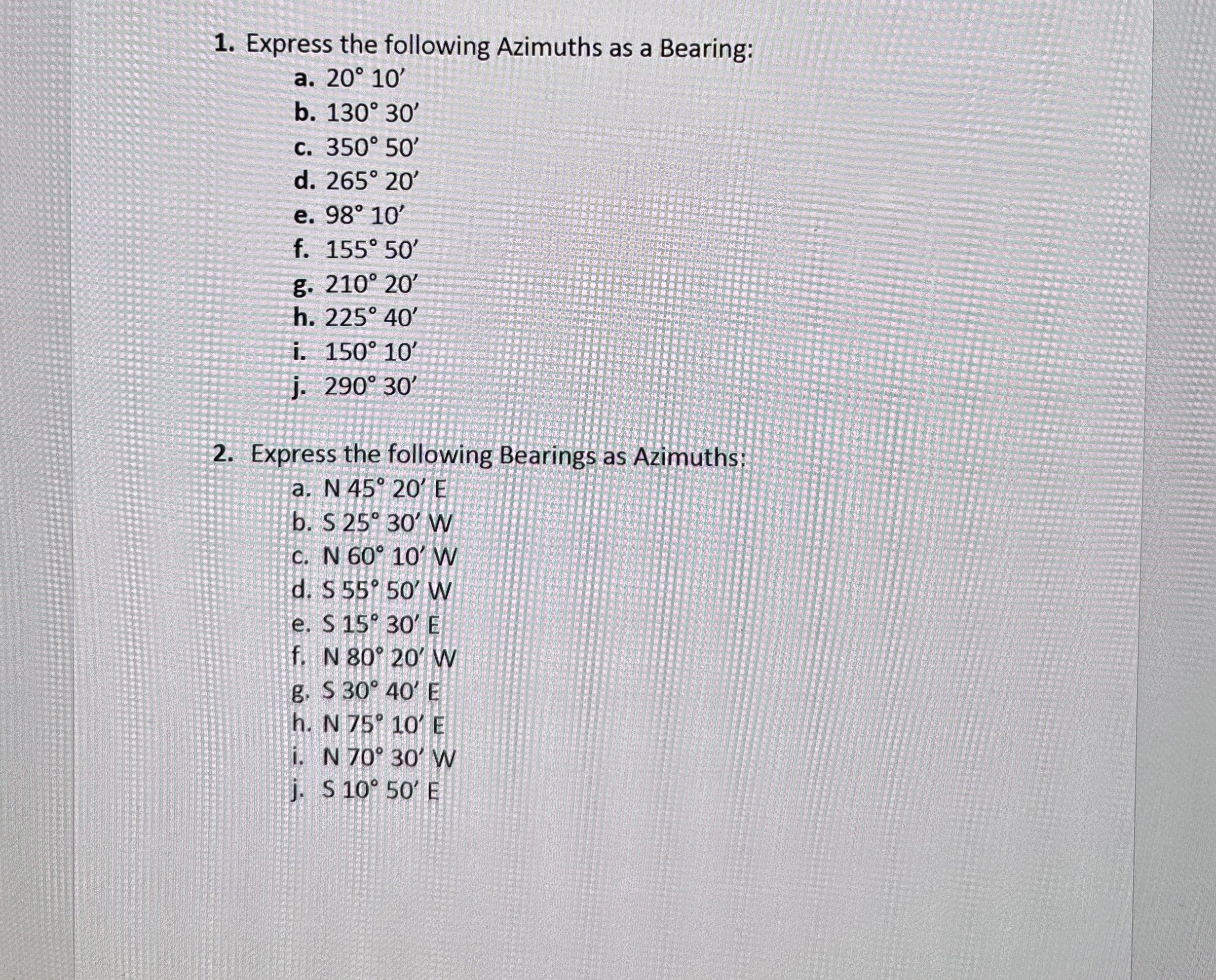 Express the following Azimuths as a Bearing: a .