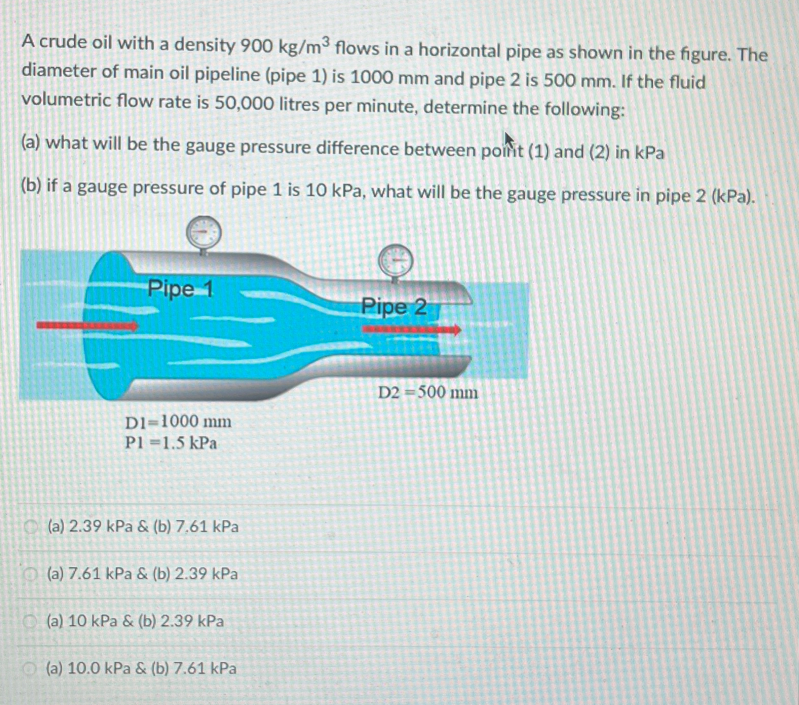 A crude oil with a density 9 0 0 k g m 3 flows in