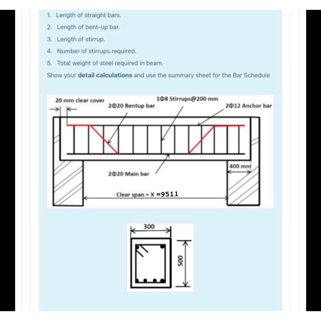 Length of straight bars. Length of bent - up bar.