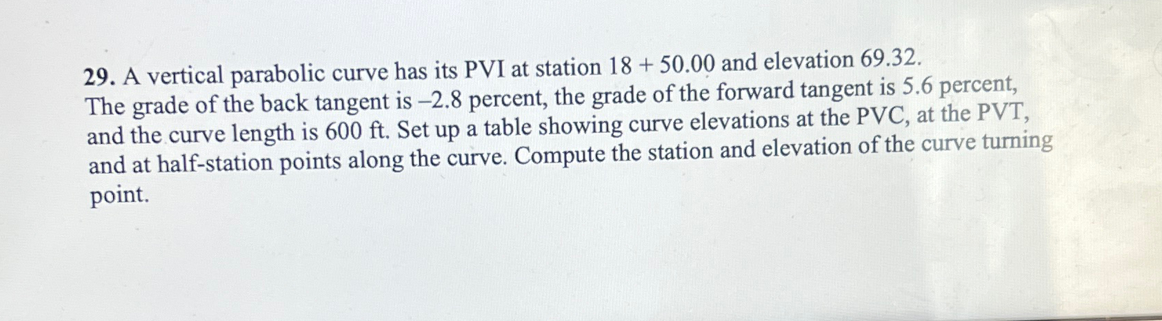 A vertical parabolic curve has its PVI at station