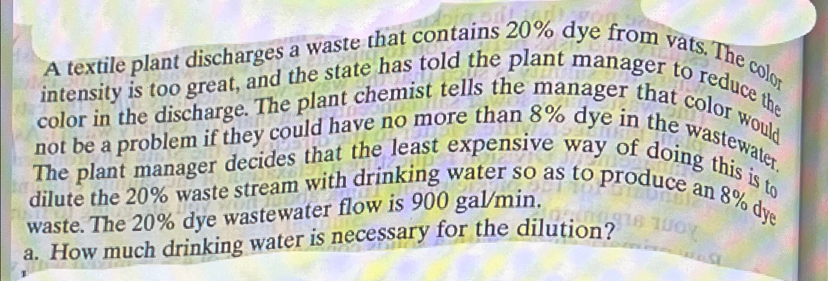 A textile plant discharges a waste that contains