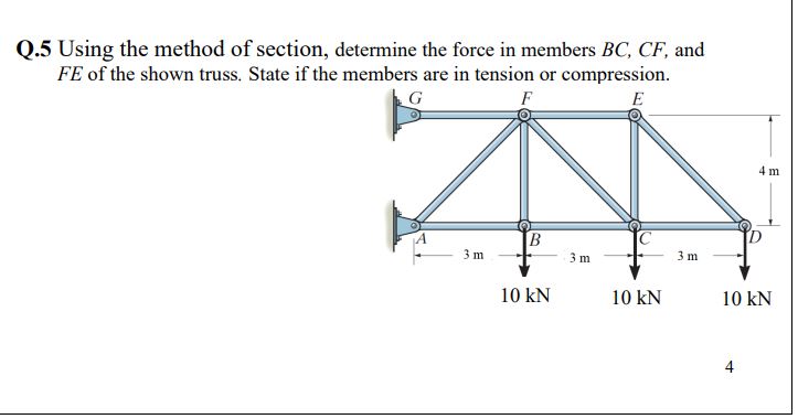 Q . 5 Using the method of section, determine the