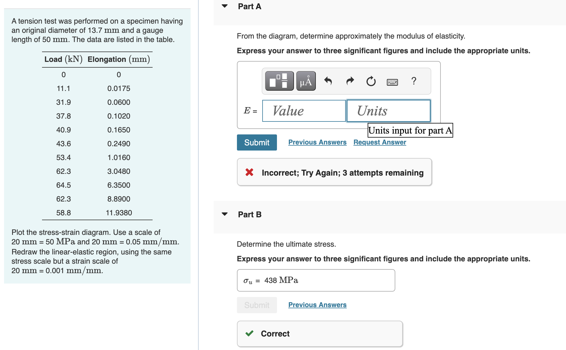 Part A A tension test was performed on a specimen