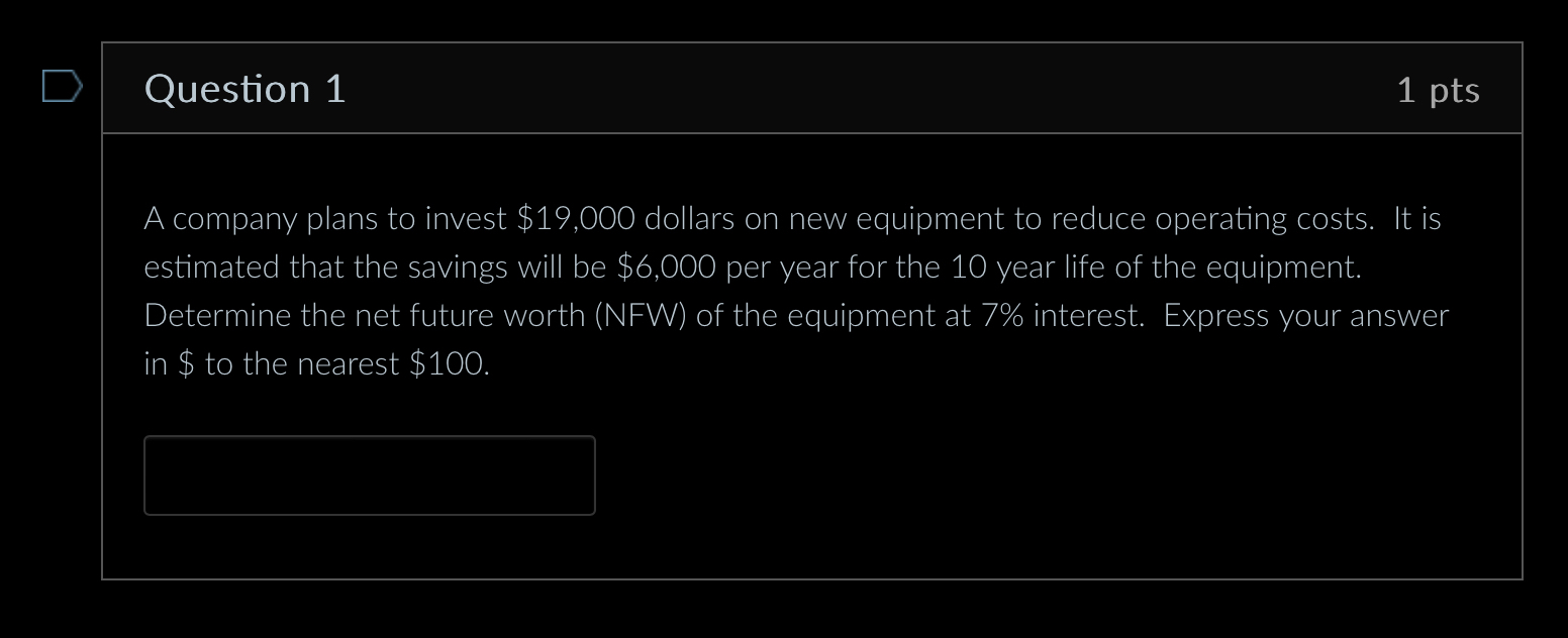 Question 1 1 p t s A company plans to invest $ 1