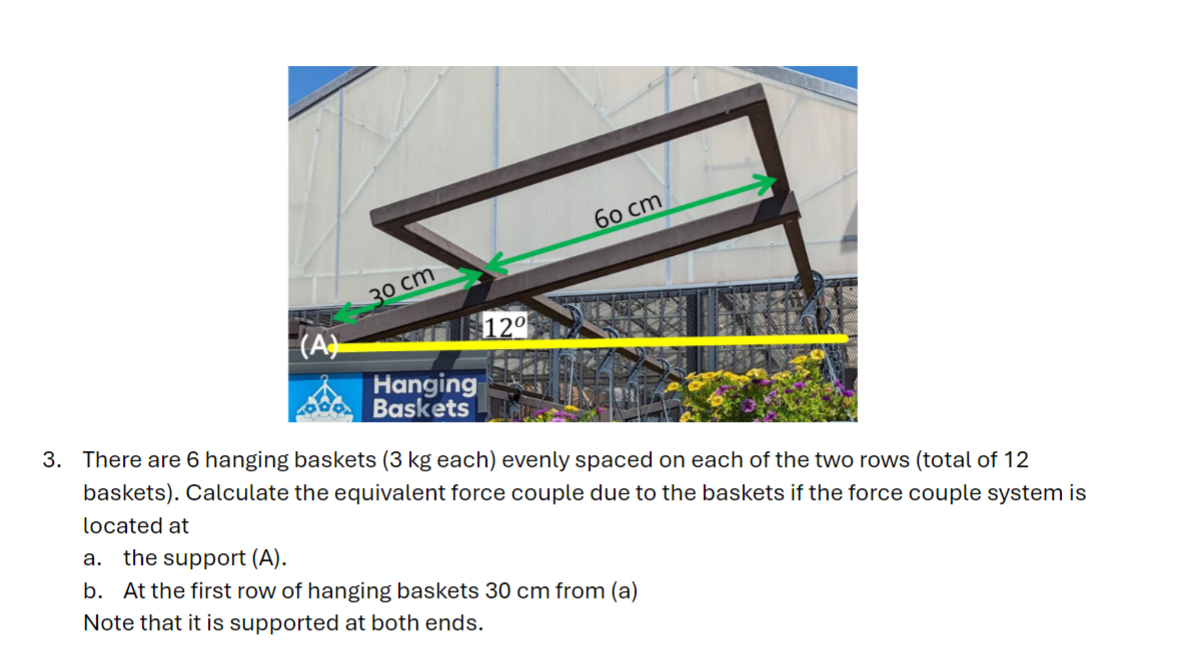 There are 6 hanging baskets ( 3 kg each ) evenly
