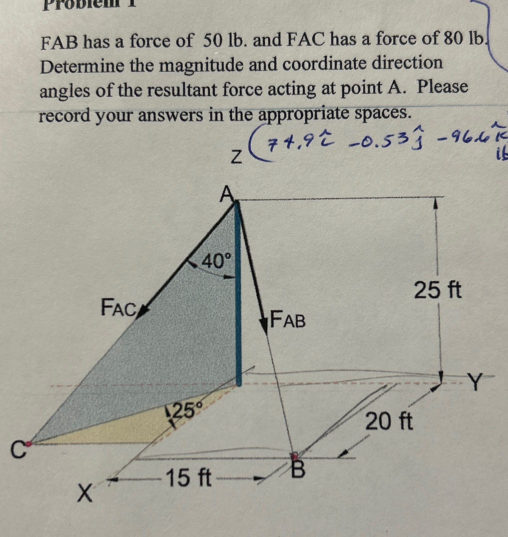 FAB has a force of 5 0 l b . and FAC has a force