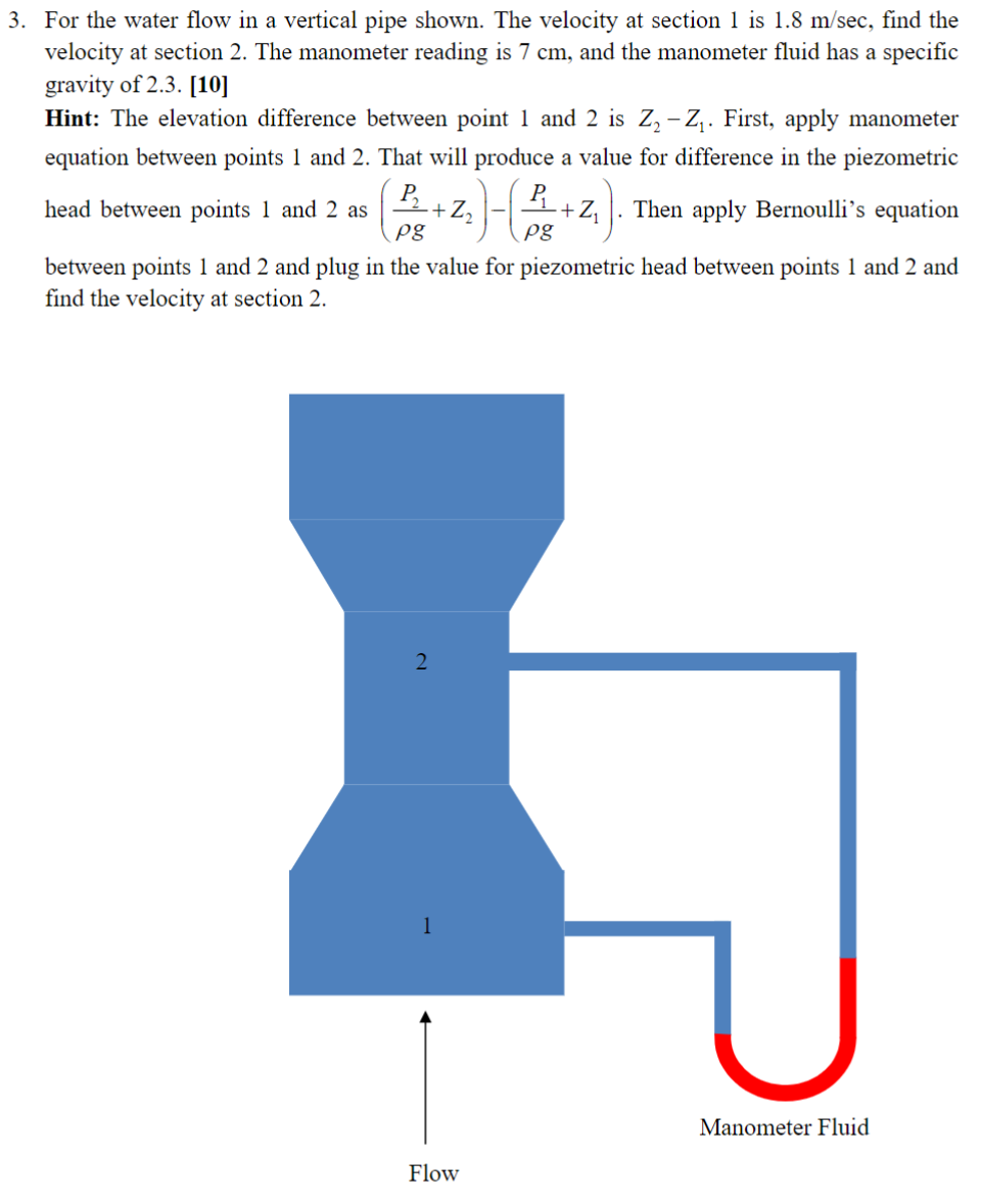 For the water flow in a vertical pipe shown. The