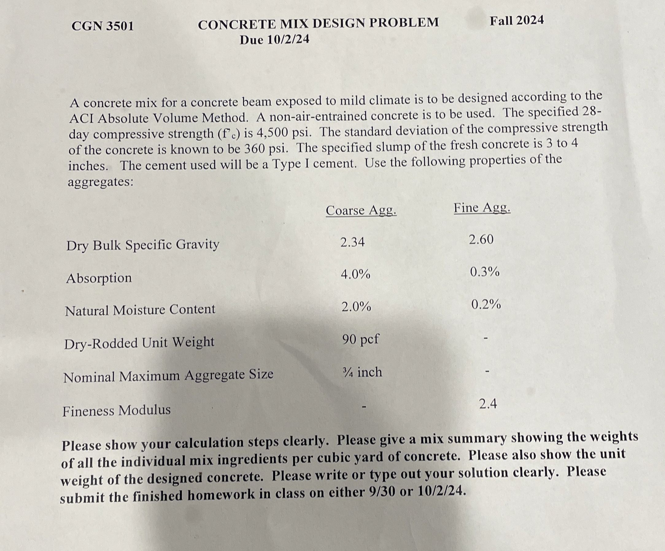 Due 1 0 / 2 / 2 4 A concrete mix for a concrete