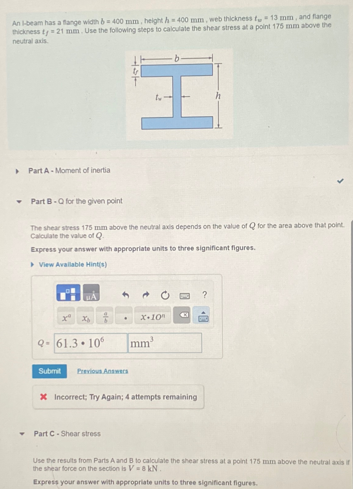 An I - beam has a flange width b = 4 0 0 m m ,