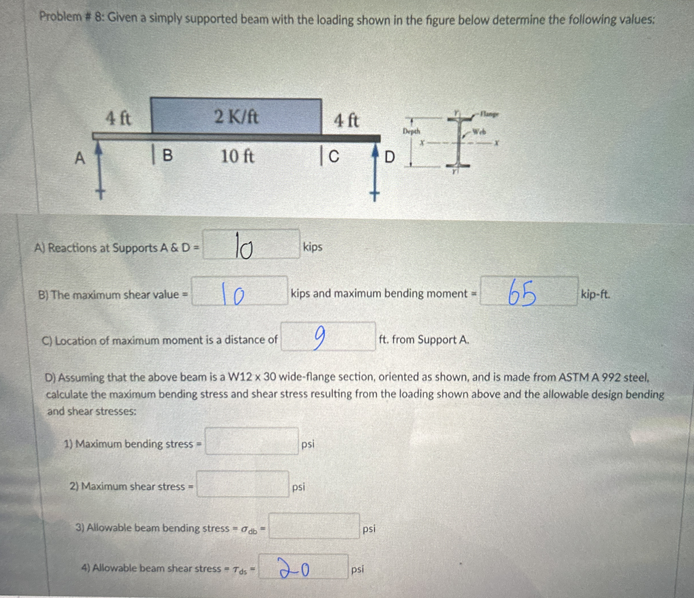 Problem # 8 : Given a simply supported beam with