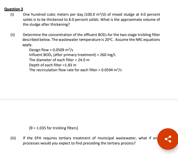 Question 3 ( i ) One hundred cubic meters per day