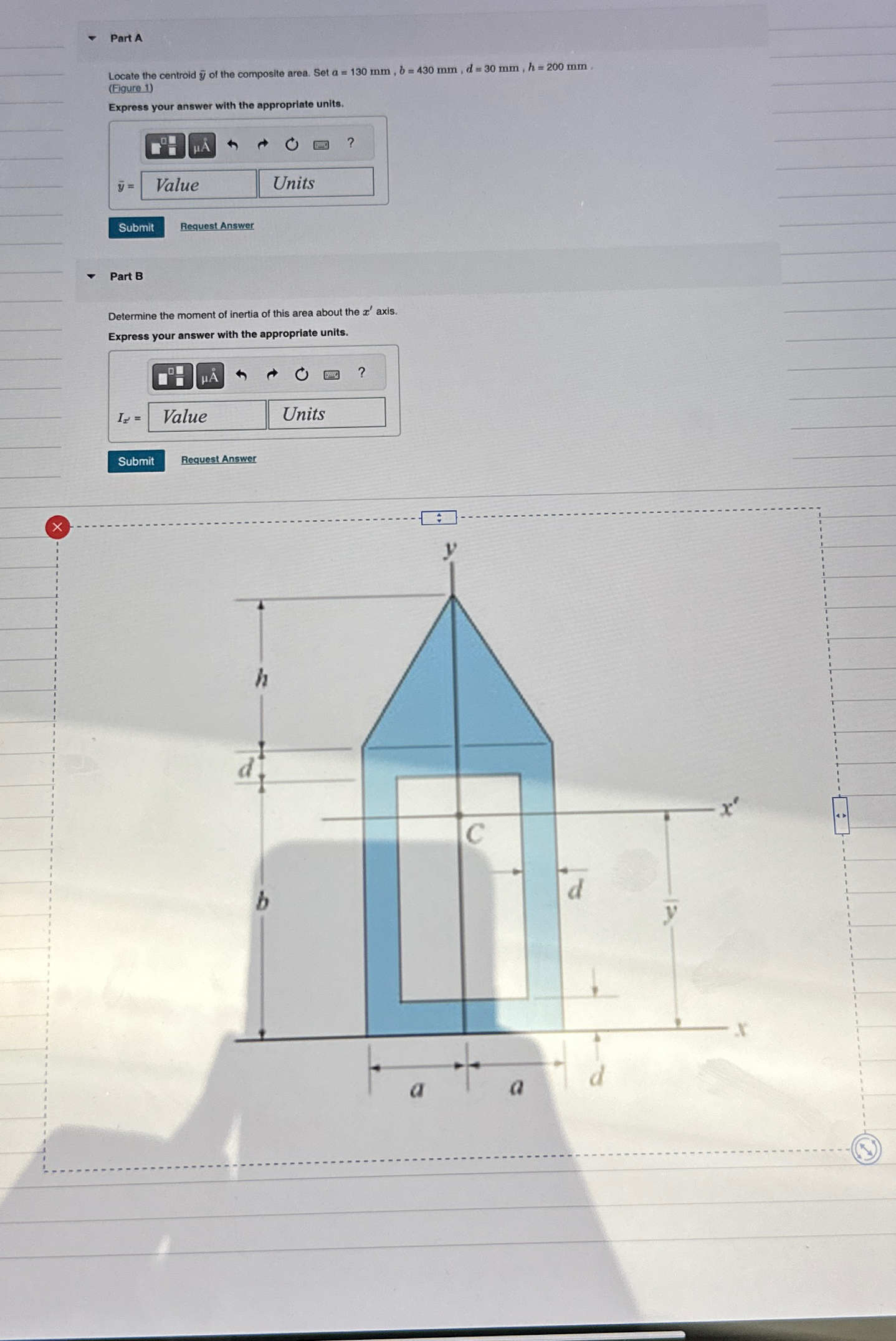 Part A Locate the centroid ? b a r ( y ) of the