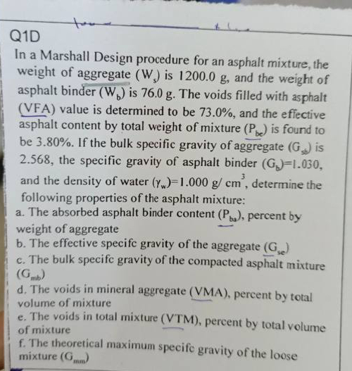 Q 1 D In a Marshall Design procedure for an