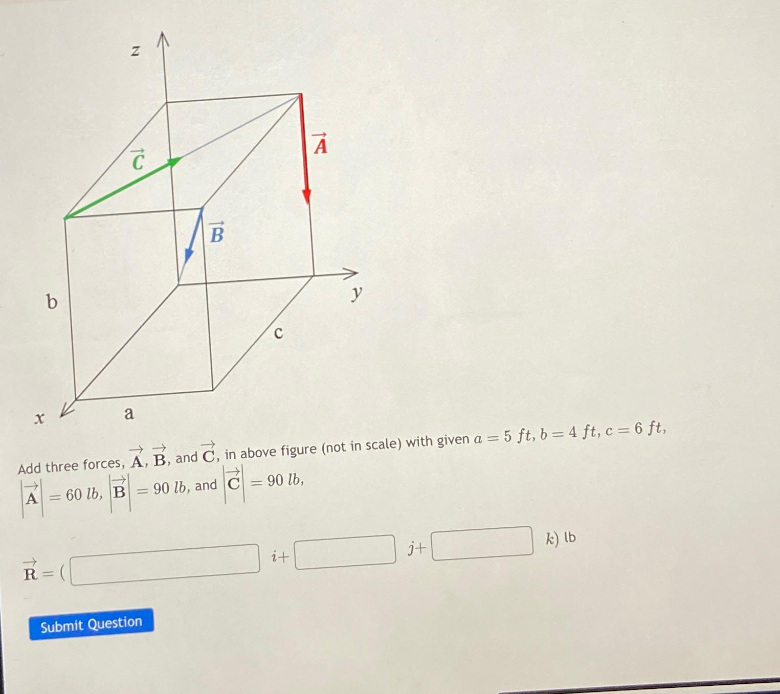 Add three forces, vec ( A ) , vec ( B ) , and vec