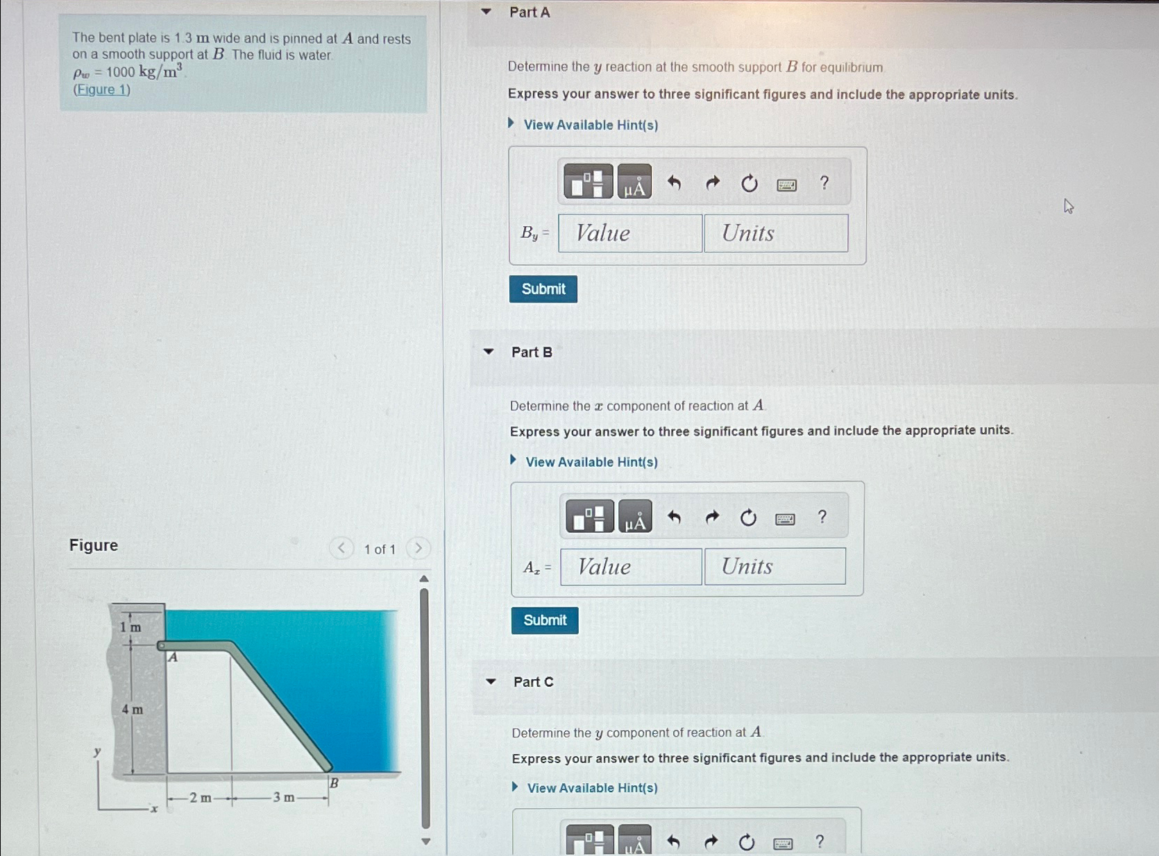 The bent plate is 1 . 3 m wide and is pinned at A
