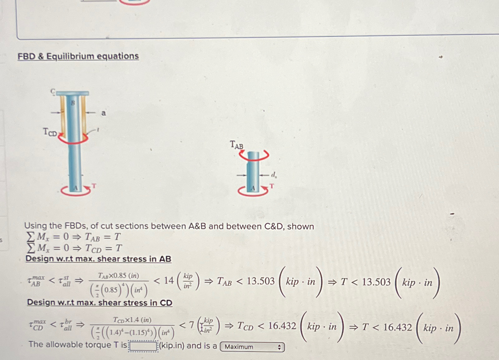 FBD & Equilibrium equations Using the FBDs , of
